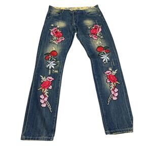 Graphic Patch Work Roses Floral Embroidered Y2K Graphic Denim Jeans Sz: 38x32 E8